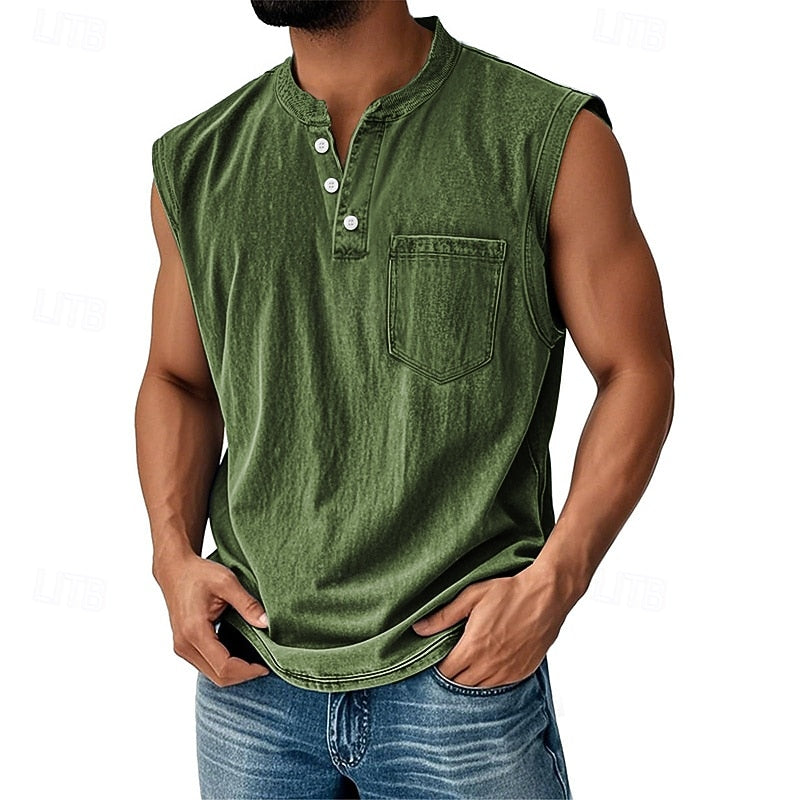 Men's Acid Wash Cotton Tank for Summer with Henley Buttons 1