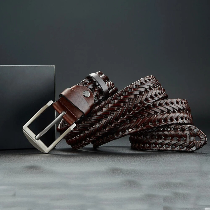 Men's Braided Cowhide Leather Belt Durable Polished Buckle Brown 10