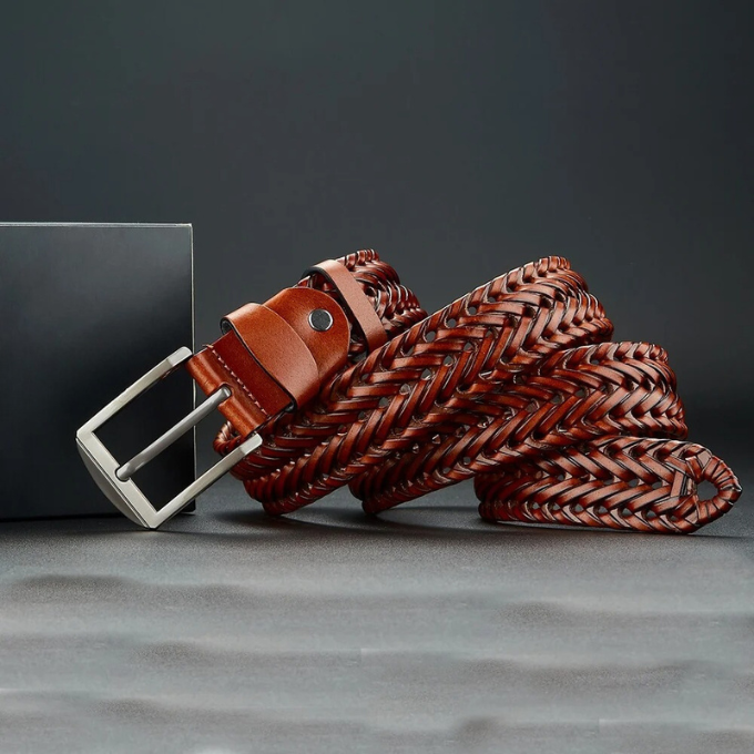 Men's Braided Cowhide Leather Belt Durable Polished Buckle Brown 11