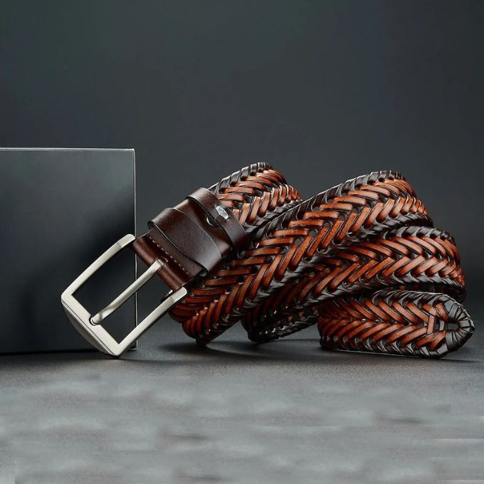 Men's Braided Cowhide Leather Belt Durable Polished Buckle Brown 6