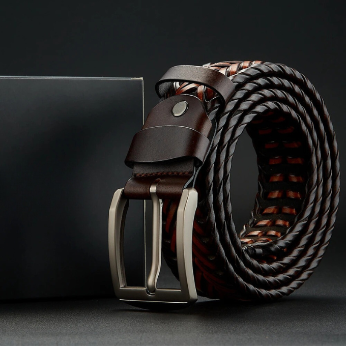 Men's Braided Cowhide Leather Belt Durable Polished Buckle Brown 7