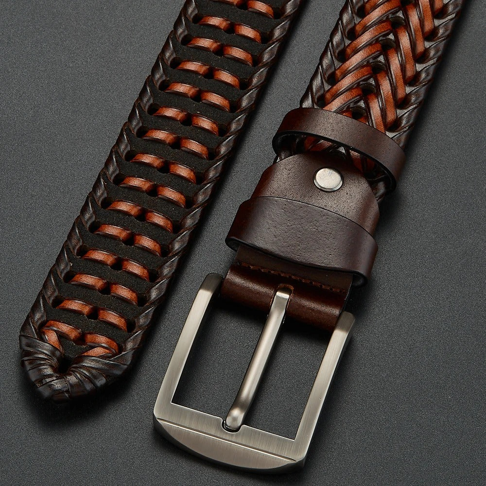 Men's Braided Cowhide Leather Belt Durable Polished Buckle Brown 8