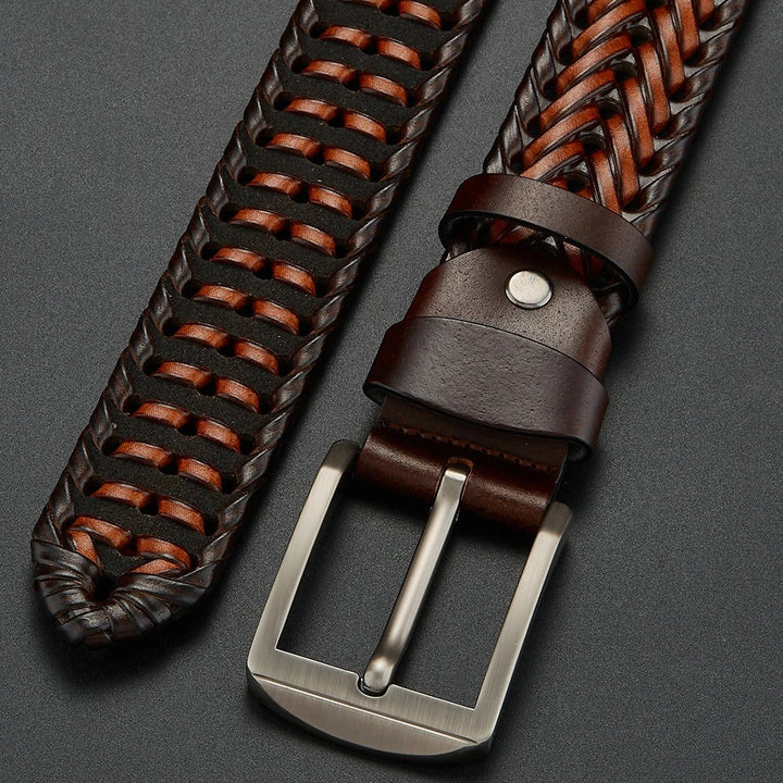 Men's Braided Cowhide Leather Belt Durable Polished Buckle Brown 8