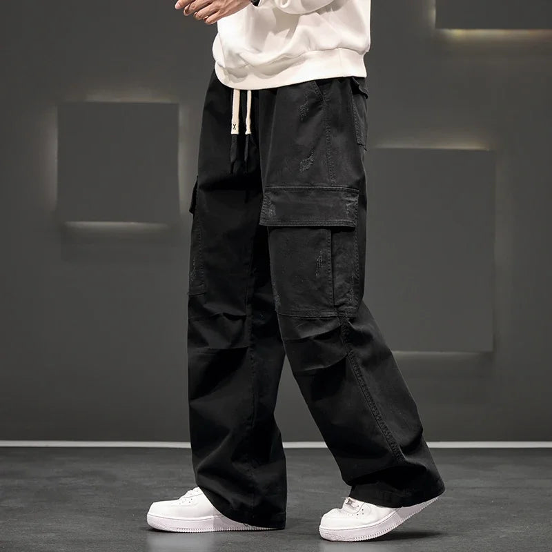 Men's Cargo Pants Cotton Relaxed Fit Drawstring Waist Utility Style Black 0