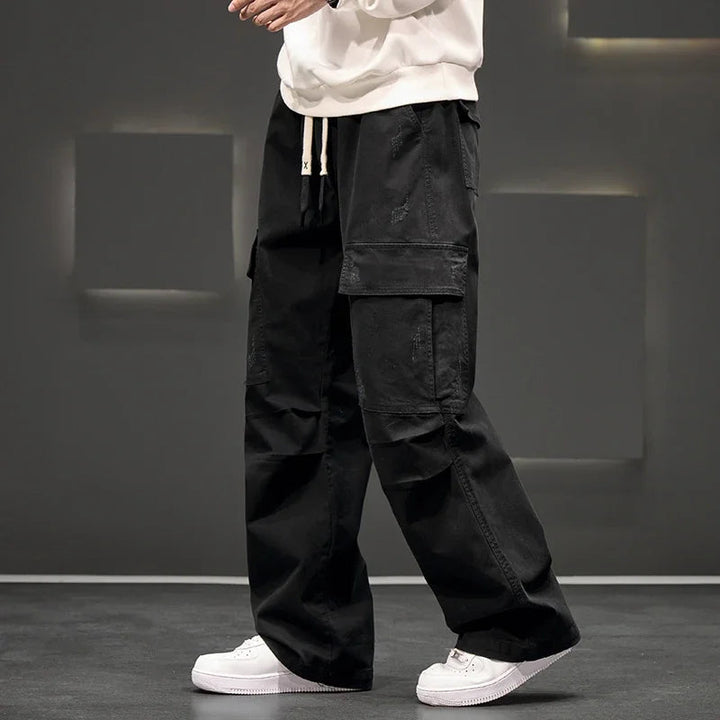 Men's Cargo Pants Cotton Relaxed Fit Drawstring Waist Utility Style Black 0