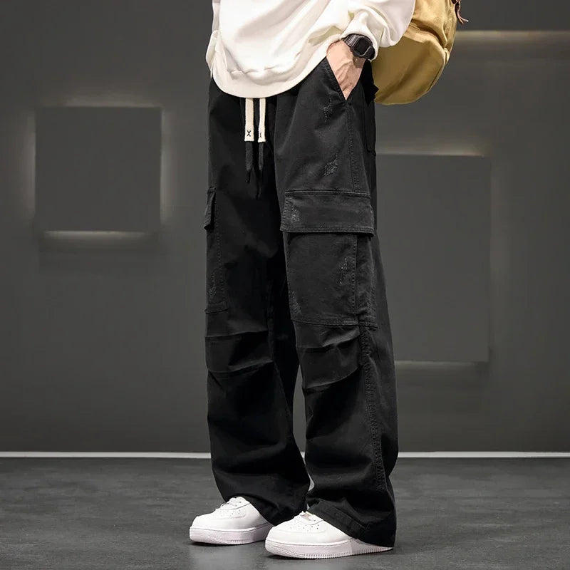Men's Cargo Pants Cotton Relaxed Fit Drawstring Waist Utility Style Black 1