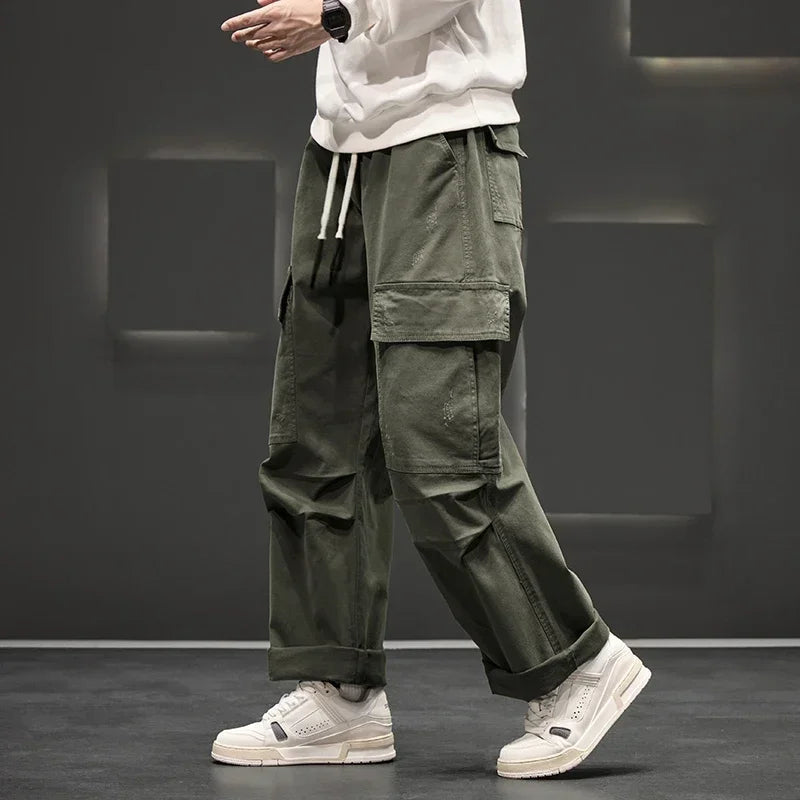 Men's Cargo Pants Cotton Relaxed Fit Drawstring Waist Utility Style Black 2