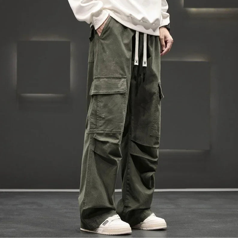 Men's Cargo Pants Cotton Relaxed Fit Drawstring Waist Utility Style Black 3