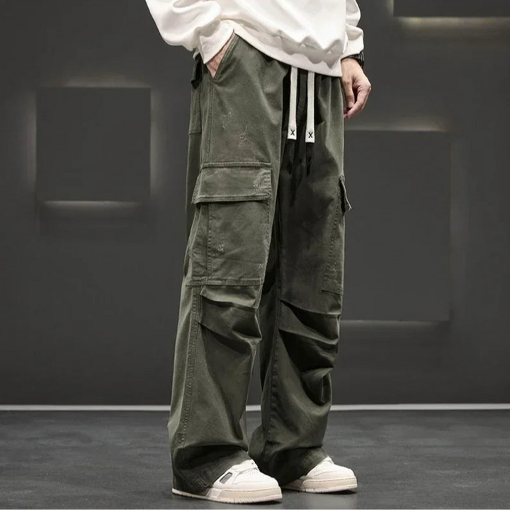 Men's Cargo Pants Cotton Relaxed Fit Drawstring Waist Utility Style Black 3