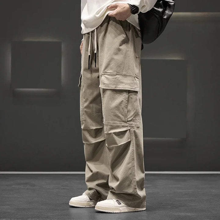 Men's Cargo Pants Cotton Relaxed Fit Drawstring Waist Utility Style Black 4