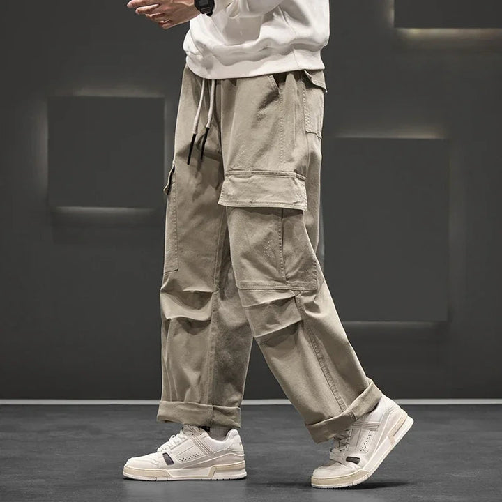 Men's Cargo Pants Cotton Relaxed Fit Drawstring Waist Utility Style Black 5