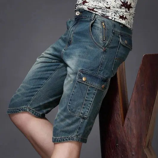 Men's Cargo Shorts Cotton Denim Knee-Length Straight-Leg Multi-Pocket Casual 0