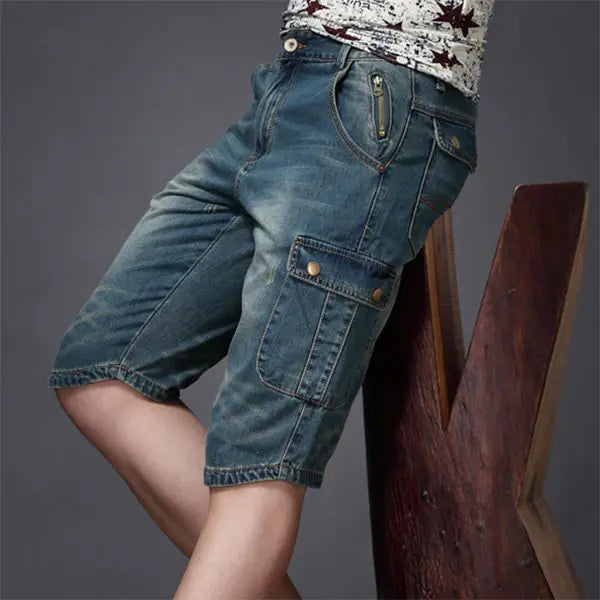 Men's Cargo Shorts Cotton Denim Knee-Length Straight-Leg Multi-Pocket Casual 1