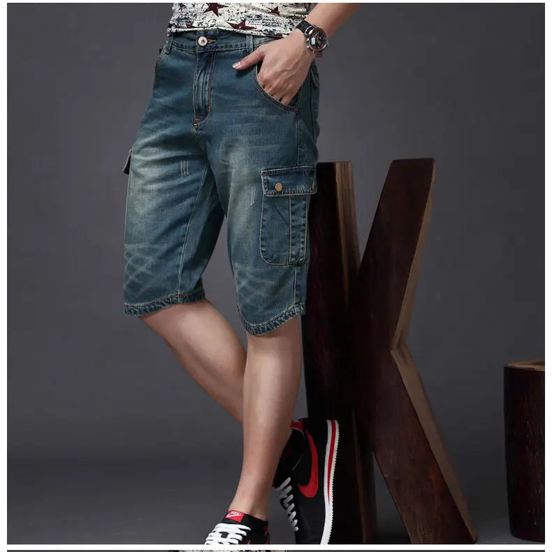 Men's Cargo Shorts Cotton Denim Knee-Length Straight-Leg Multi-Pocket Casual 2