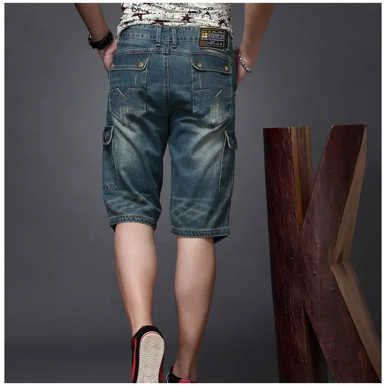 Men's Cargo Shorts Cotton Denim Knee-Length Straight-Leg Multi-Pocket Casual 3