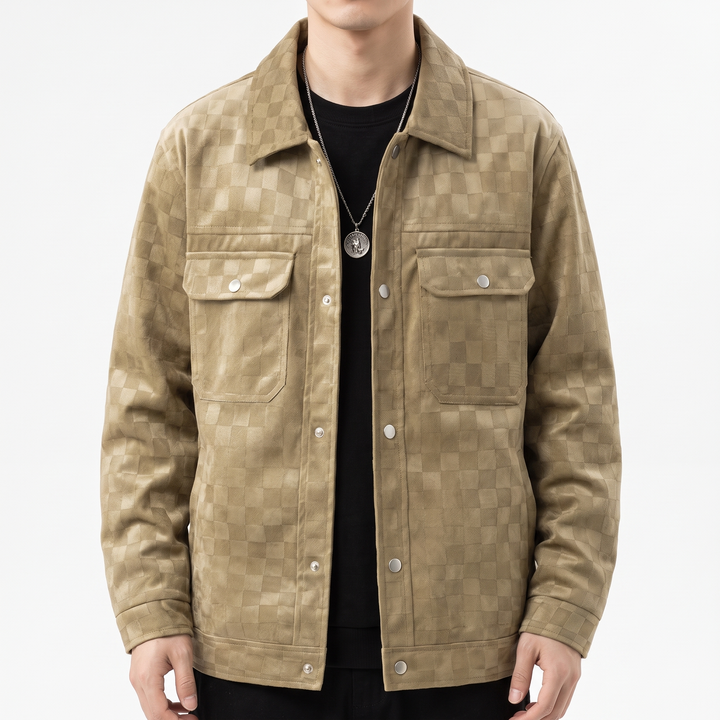 Men's Checkered Suede Jacket for Layering with Satin Lining 10