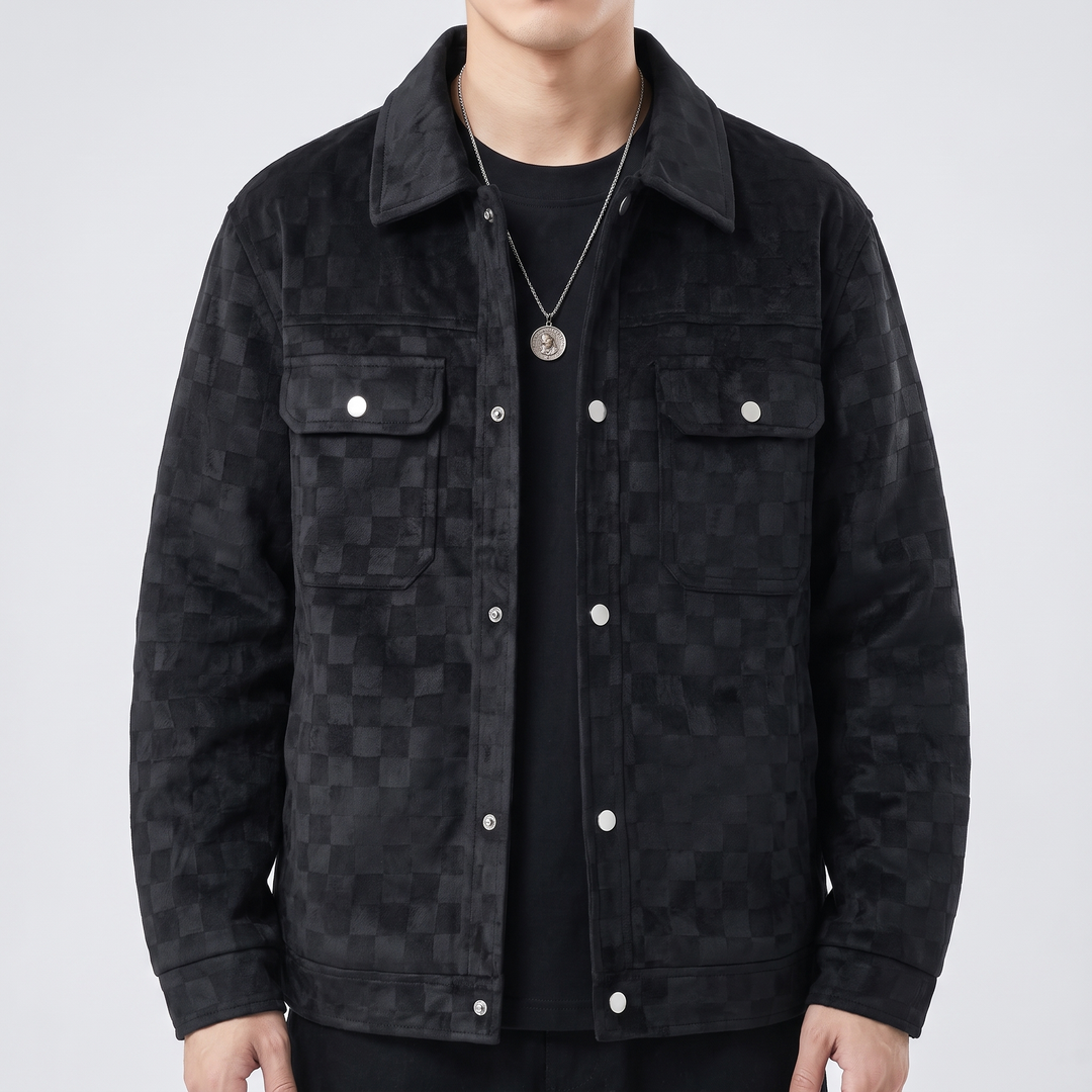 Men's Checkered Suede Jacket for Layering with Satin Lining 9