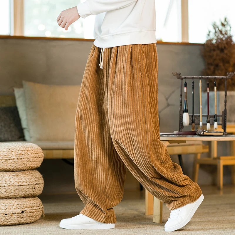 Men's Corduroy Weekend Pants Relaxed Fit Wide Leg Drawstring Waist Ribbed Texture 0