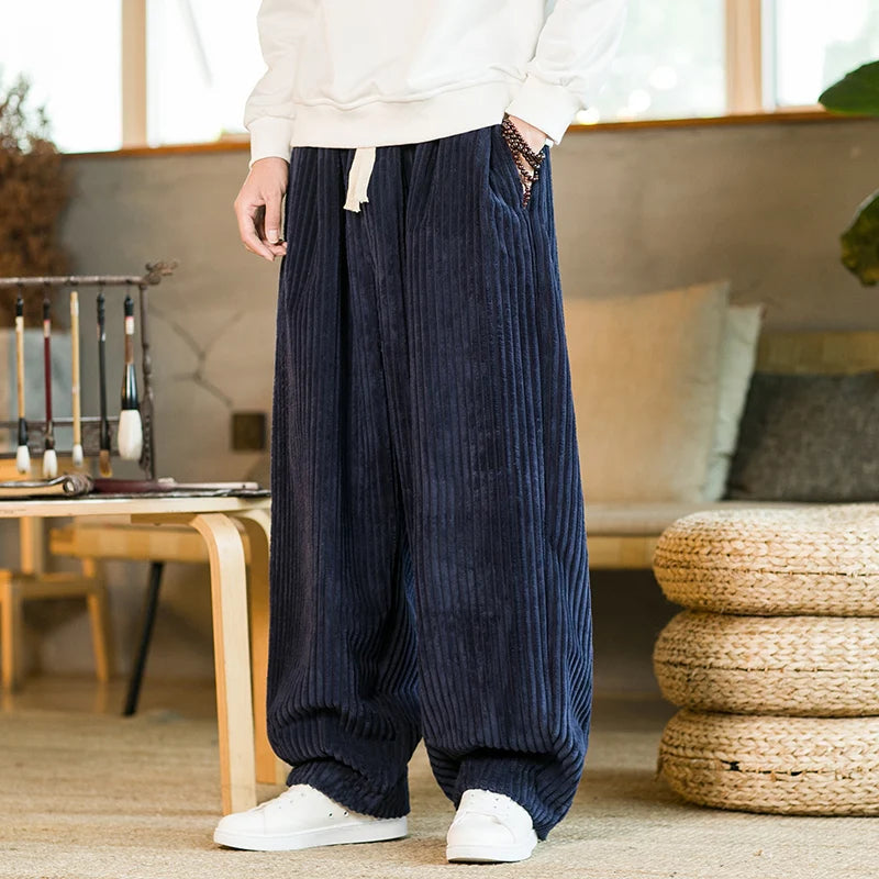 Men's Corduroy Weekend Pants Relaxed Fit Wide Leg Drawstring Waist Ribbed Texture 1