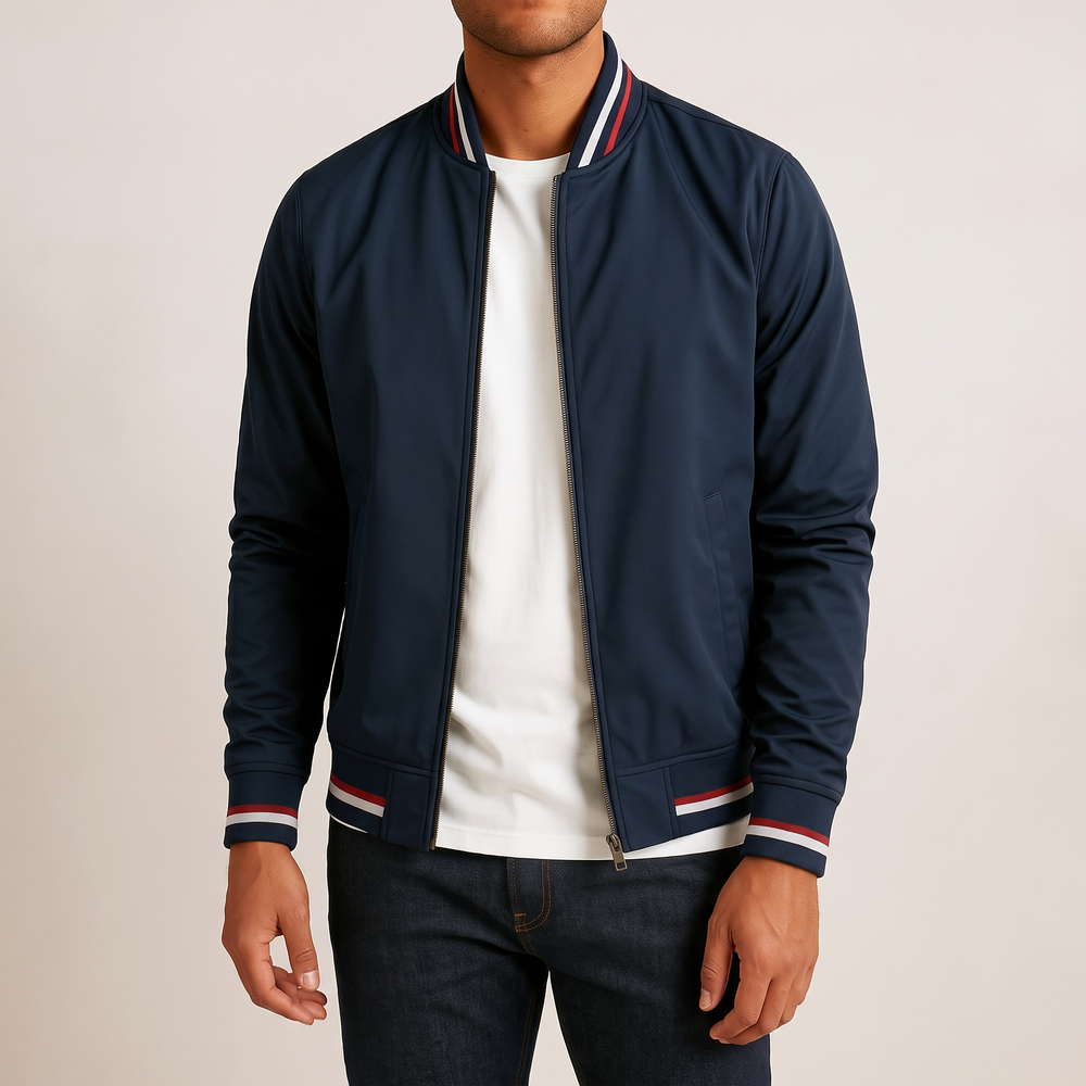 Men's Cotton Bomber Jacket for Layering with Ribbed Collar 1
