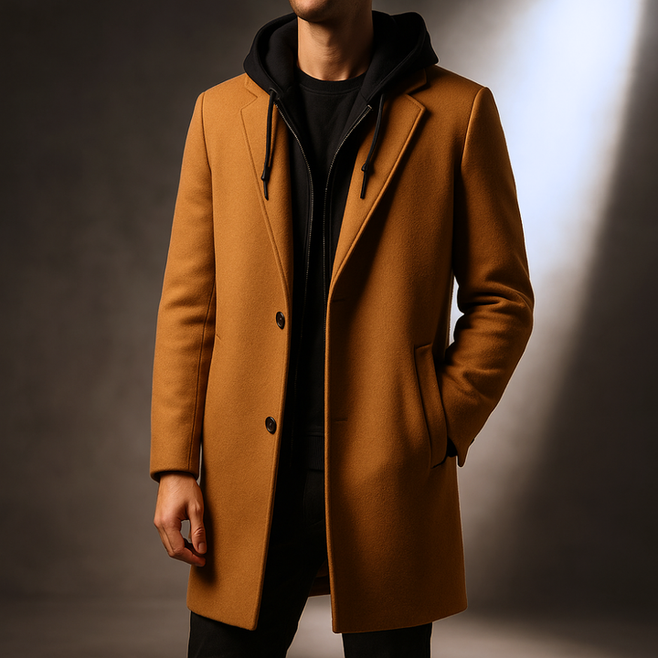 Men's Hooded Wool Blend Overcoat for Commutes with Full Zip 1