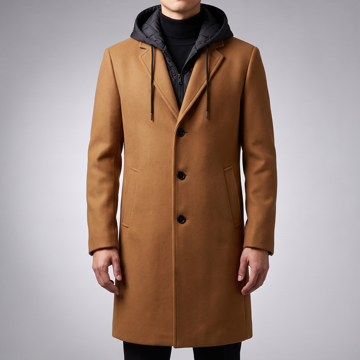 Men's Hooded Wool Blend Overcoat for Commutes with Full Zip 5