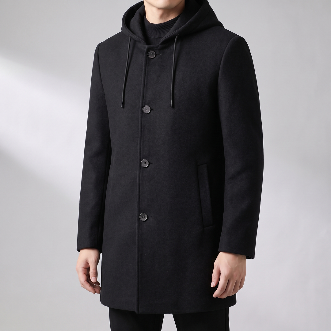 Men's Hooded Wool Blend Overcoat for Commutes with Full Zip 7