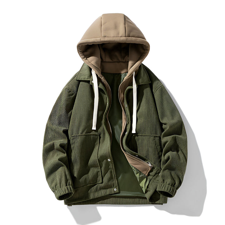 Men's Jacket Corduroy Hooded Double-Layer Closure Elasticated Cuffs Brown 0