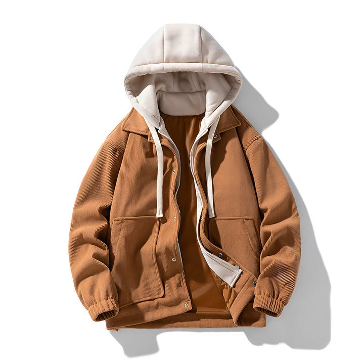 Men's Jacket Corduroy Hooded Double-Layer Closure Elasticated Cuffs Brown 1