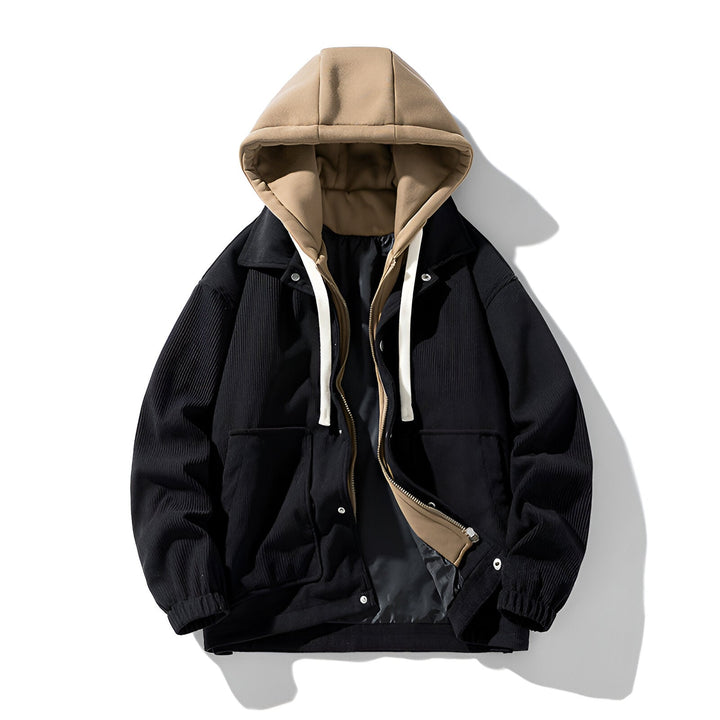 Men's Jacket Corduroy Hooded Double-Layer Closure Elasticated Cuffs Brown 2
