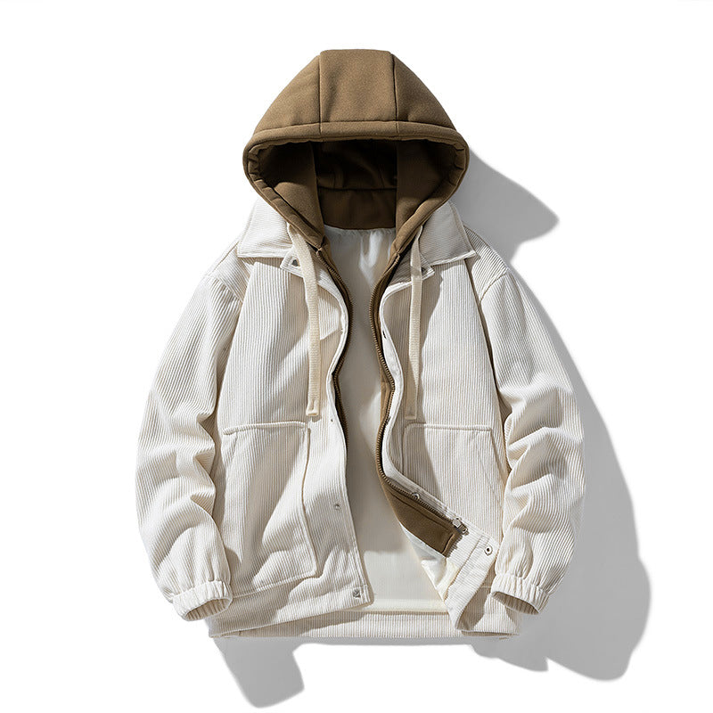 Men's Jacket Corduroy Hooded Double-Layer Closure Elasticated Cuffs Brown 3