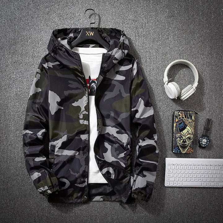 Men's Jacket Lightweight Camo Hooded Full-Zip Long Sleeve 0