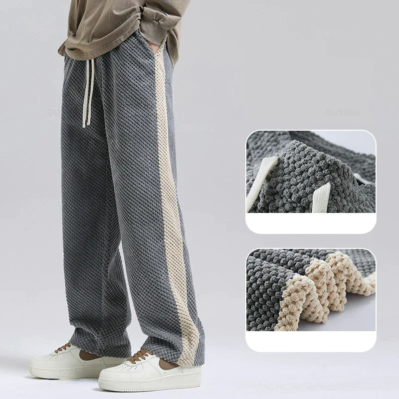 Men's Jogger Pants Waffle-Knit Corduroy Adjustable Waist Contrast Side Stripe 1