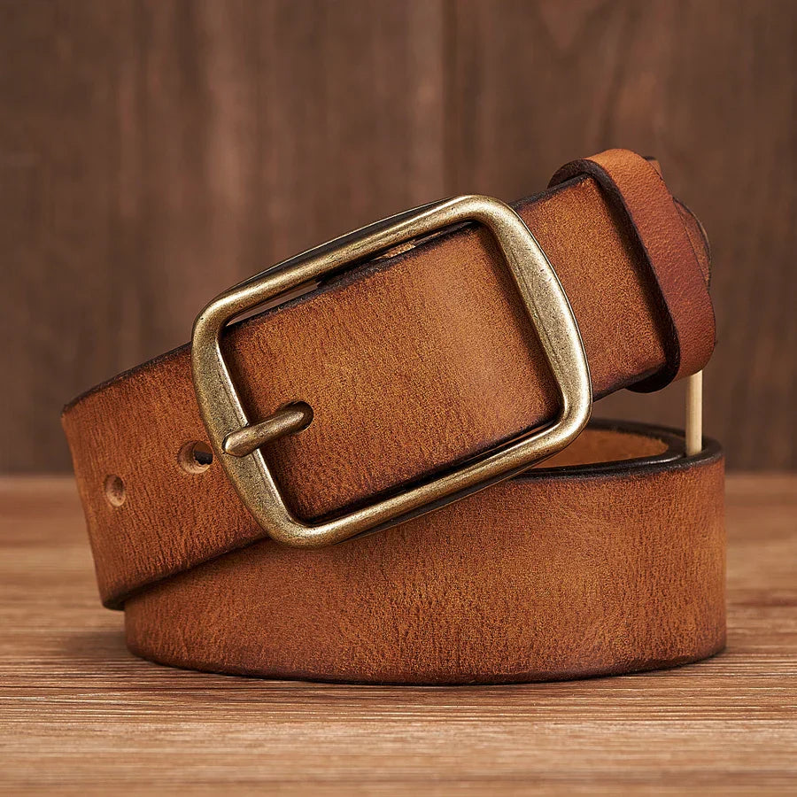 Men's Leather Belt Cowhide Classic Design Copper Buckle Brown 4