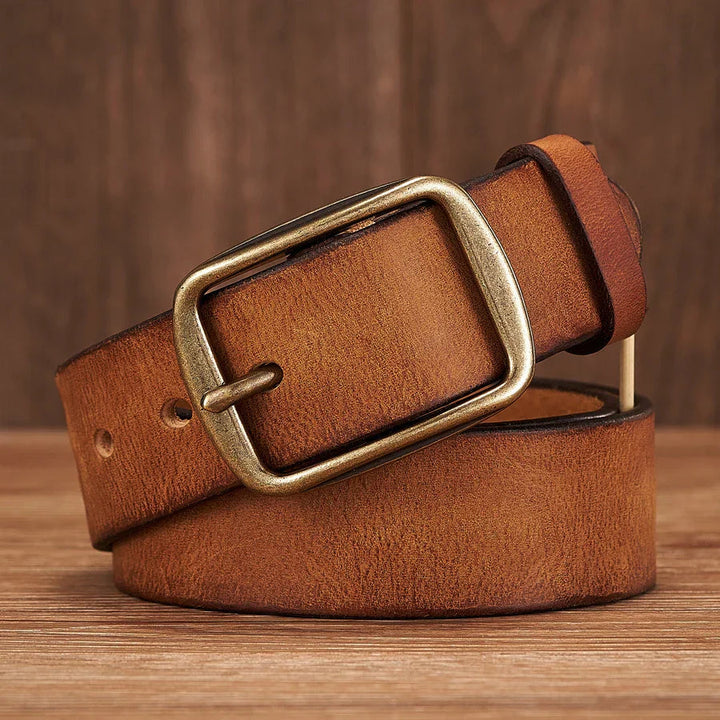 Men's Leather Belt Cowhide Classic Design Copper Buckle Brown 4