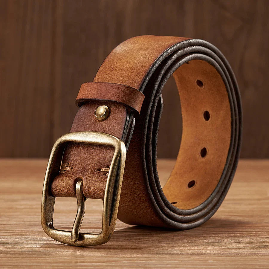 Men's Leather Belt Cowhide Classic Design Copper Buckle Brown 6