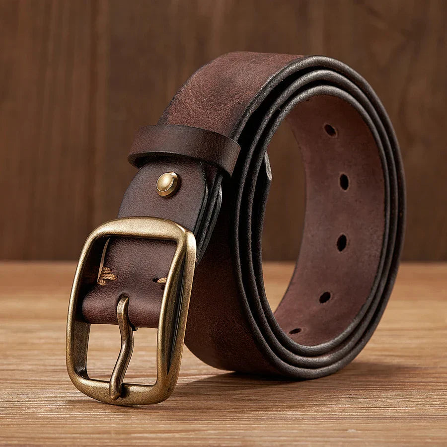 Men's Leather Belt Cowhide Classic Design Copper Buckle Brown 7