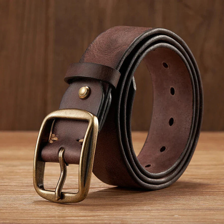 Men's Leather Belt Cowhide Classic Design Copper Buckle Brown 7