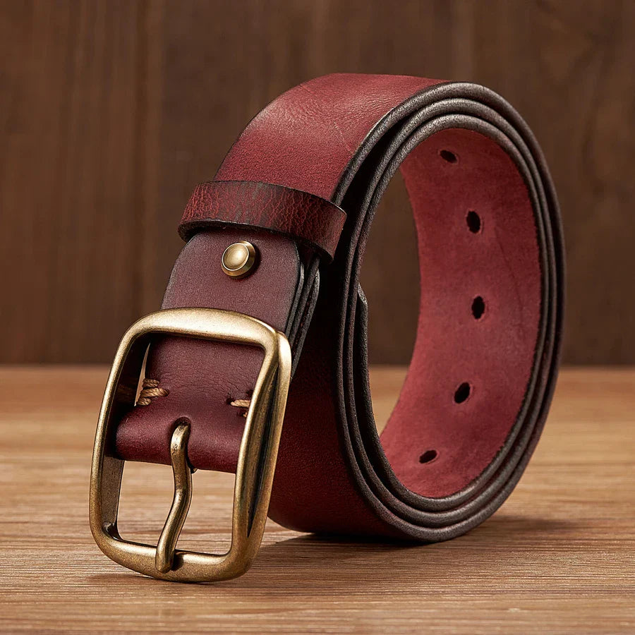 Men's Leather Belt Cowhide Classic Design Copper Buckle Brown 8