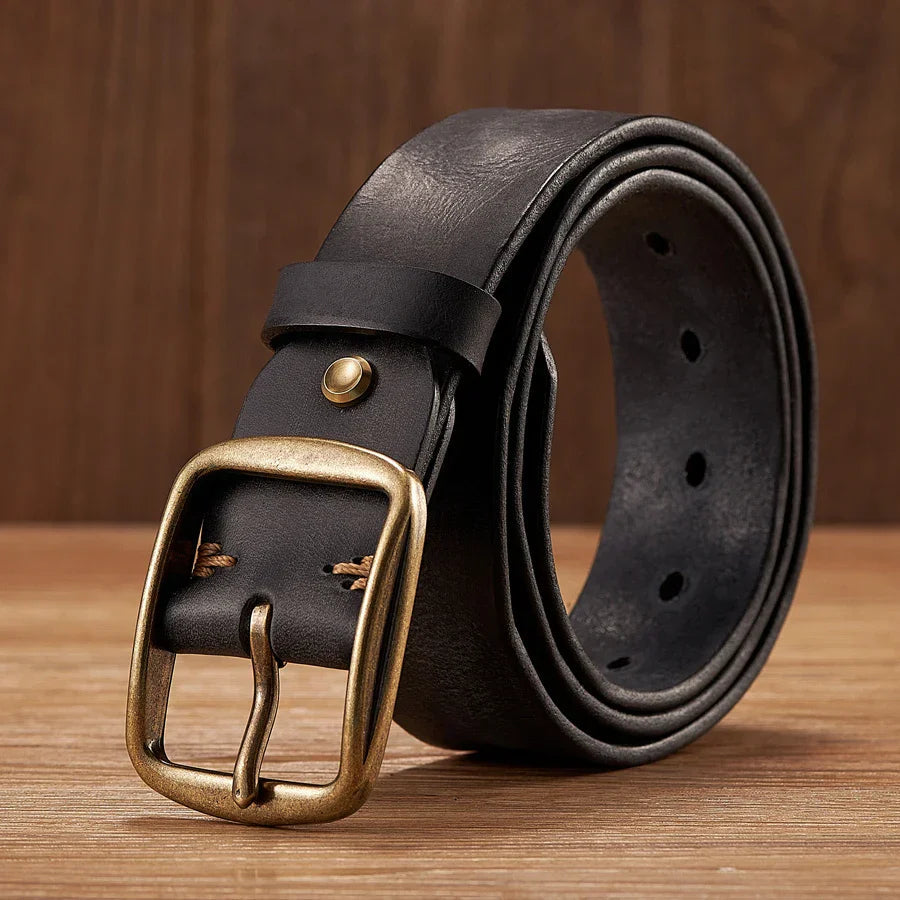 Men's Leather Belt Cowhide Classic Design Copper Buckle Brown 9