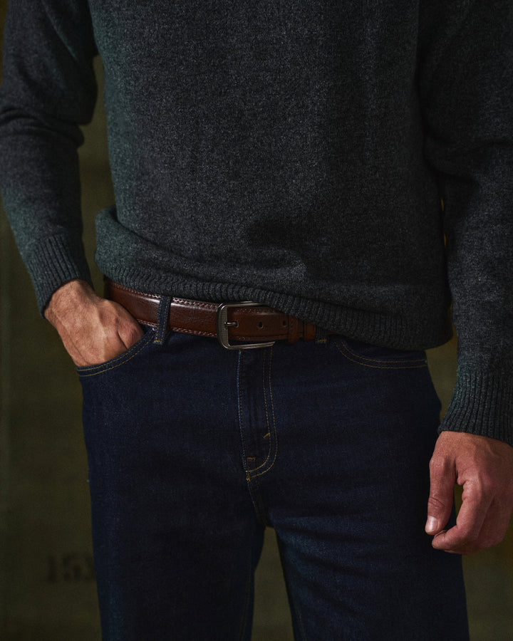 Men's Leather Belt Full-Grain Durable Polished Buckle Classic Design Brown 3