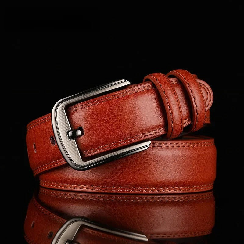 Men's Leather Belt Full-Grain Durable Polished Buckle Classic Design Brown 7