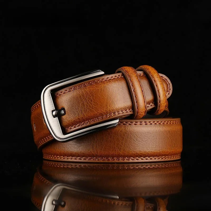 Men's Leather Belt Full-Grain Durable Polished Buckle Classic Design Brown 8