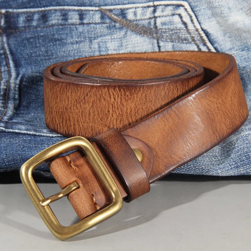 Men's Leather Belt Genuine Cowhide 1.5 Inch Width Solid Brass Buckle Brown 0