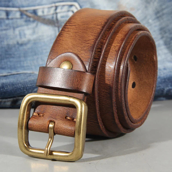 Men's Leather Belt Genuine Cowhide 1.5 Inch Width Solid Brass Buckle Brown 1