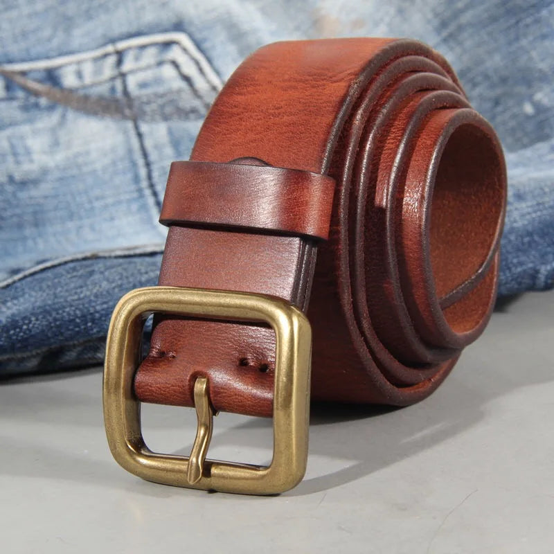Men's Leather Belt Genuine Cowhide 1.5 Inch Width Solid Brass Buckle Brown 2