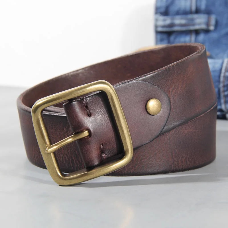 Men's Leather Belt Genuine Cowhide 1.5 Inch Width Solid Brass Buckle Brown 4