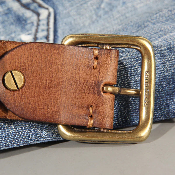 Men's Leather Belt Genuine Cowhide 1.5 Inch Width Solid Brass Buckle Brown 6