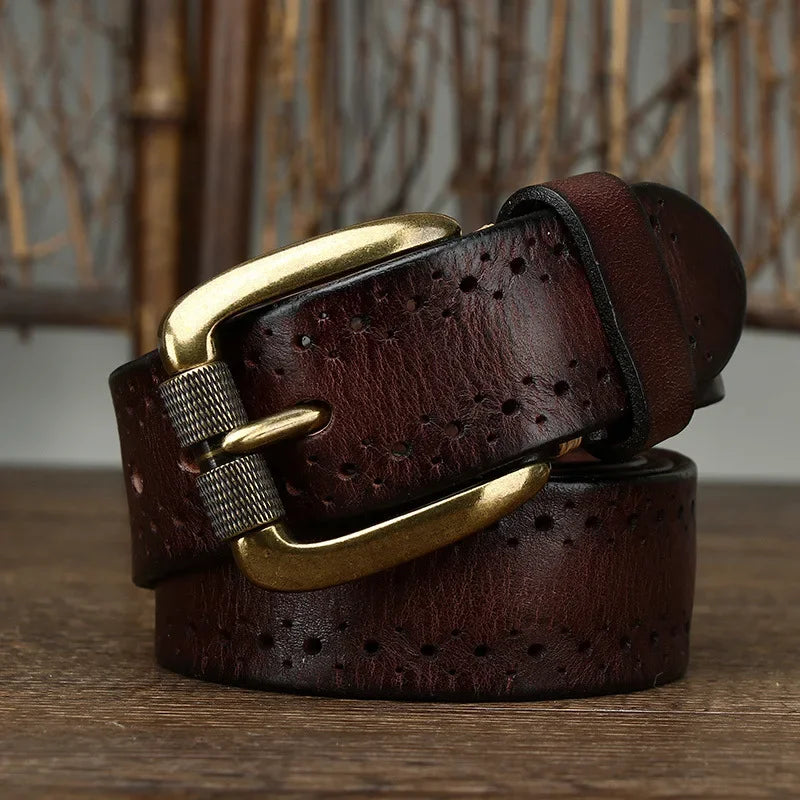 Men's Leather Belt Genuine Cowhide Durable Alloy Buckle 1.5 Inch Width 2