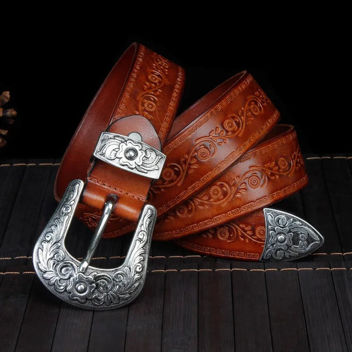 Men's Leather Belt Western Design Silver Buckle 1.5 Inch Width 0